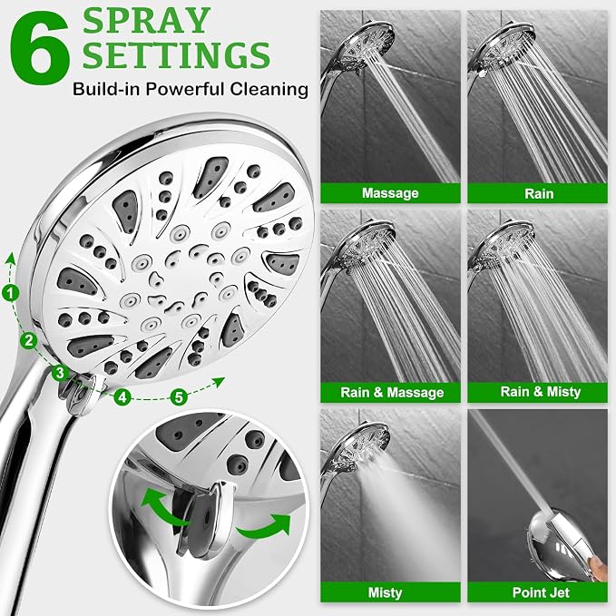 OHDAY® High Pressure Shower Head with Handheld Built-in Power Wash 6-Mode | Powerful Showerhead with 70'' Stainless Steel Hose,Adjustable Bracket,Power Wash for Tub,Tile,Pet & Bathroom Corner