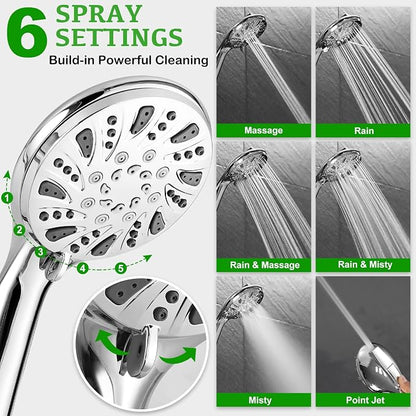 OHDAY® High Pressure Shower Head with Handheld Built-in Power Wash 6-Mode | Powerful Showerhead with 70'' Stainless Steel Hose,Adjustable Bracket,Power Wash for Tub,Tile,Pet & Bathroom Corner