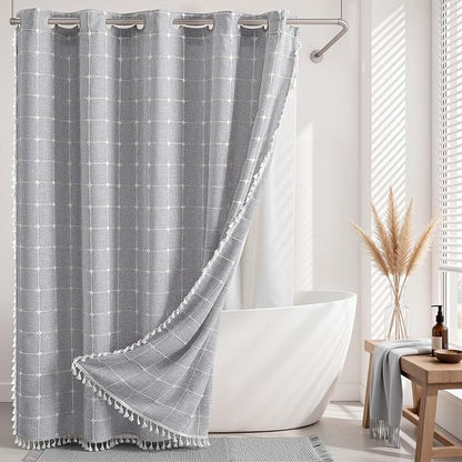 River Dream Farmhouse No Hooks Shower Curtain with Snap-in Liner,Grey,71x86 | Snap on Fabric Liner,Heavy Duty,Quick Dry,With Bottom Magnets,Washable,with Tassels, Rustic Boho Farmhouse,Extra Long Size