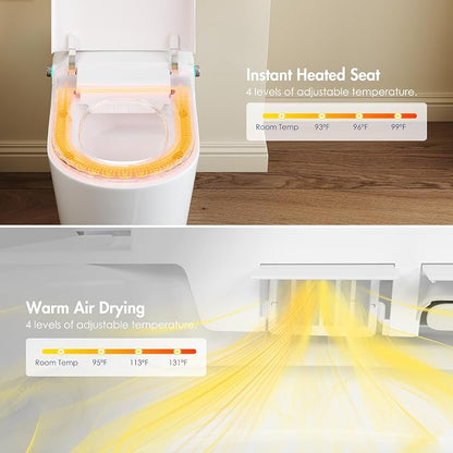 One Piece Smart Bidet Toilet, Auto Lid, Wash & Dry, White | Foot Sensor Flush, Heated Seat, Instant Warm Water, Adjustable Wash Settings, Self Cleaning Wand, Auto Flush, Pre Wet