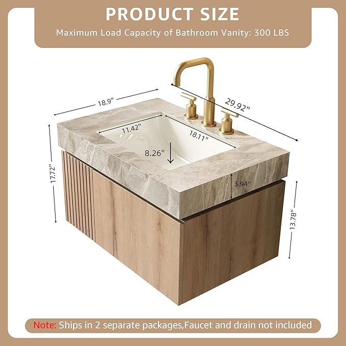 30” Floating Bathroom Vanity with Sink, Wall-Mounted Cabinet with Drawer & Doors, Gray Travertine-Pattern Sintered Stone Top, Undermount Basin, 3 Faucet Hole, Soft-Close, Pre-Assembled, Light Oak