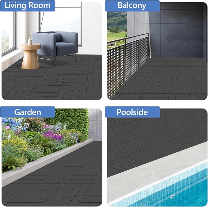 9 Pcs Plastic Interlocking Deck Tiles 12" L x 12" W Patio Floor Decking Tiles Indoor Outdoor Waterproof Non-Slip Flooring Tile All Weather Use for Balcony Backyard Porch Poolside, Dark Grey