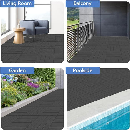 9 Pcs Plastic Interlocking Deck Tiles 12" L x 12" W Patio Floor Decking Tiles Indoor Outdoor Waterproof Non-Slip Flooring Tile All Weather Use for Balcony Backyard Porch Poolside, Dark Grey