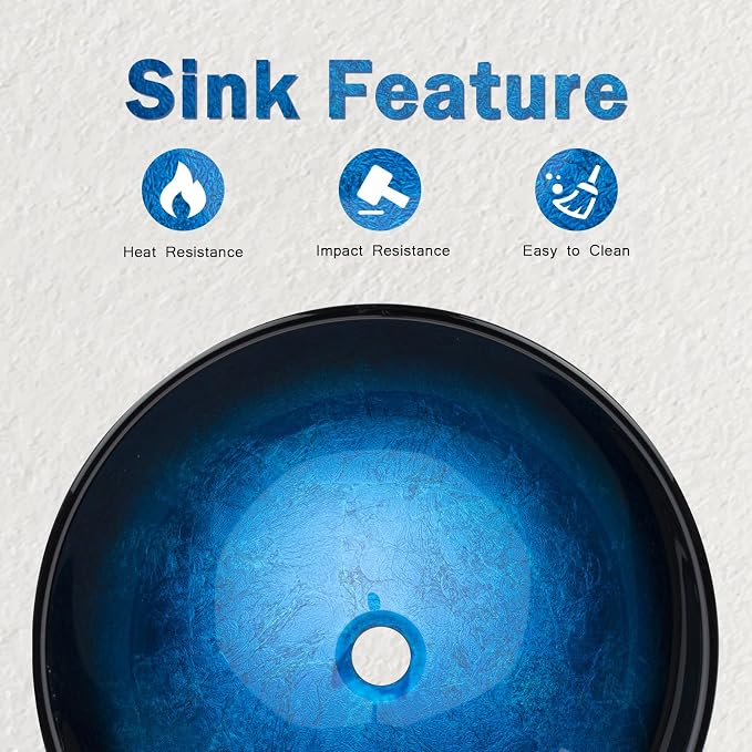 Design Vessel Sink Bathroom Sink above counter Small Vessel Sink Bathroom Sink Bowl Countertop Modern Sinks with faucet and drain combo 16.5" Round Blue New