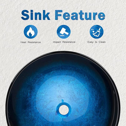 Design Vessel Sink Bathroom Sink above counter Small Vessel Sink Bathroom Sink Bowl Countertop Modern Sinks with faucet and drain combo 16.5" Round Blue New