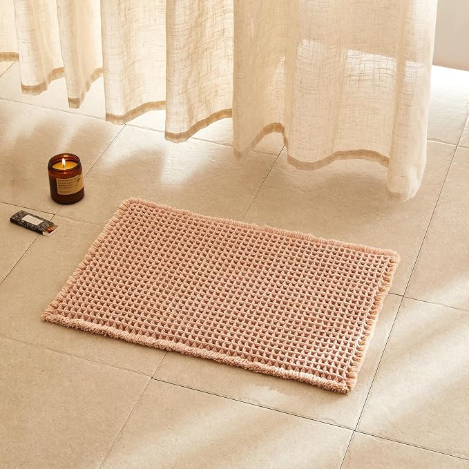 TYUU Waffle Bath Mat, Small Boho Bathroom Rugs Non Slip 24x16 Light Peach | Super Absorbent Quick Dry Bath Rug, Non-Slip Backing, Soft Waffle Washable Farmhouse Bathroom Mats, Tub, Shower & Home Decor