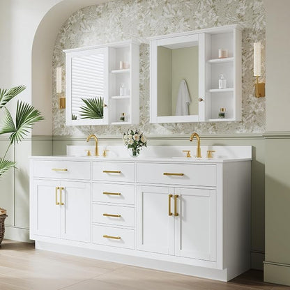 80-Inch Bathroom Vanity with Double Sinks W/ 4 Doors & 4 Drawers & 2 Flip Drawers, White Vanity W/Brushed Gold Handles