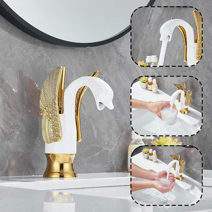 Bathroom Faucet White Mixed Gold Swan Single Handle 1 Hole Bathroom Vanity Faucet Basin Tap Deck Mount Lavatory