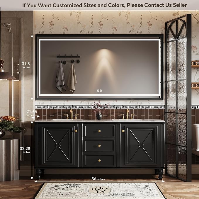 Double Sink Bathroom Vanity, Luxurious Bathroom Vanity with LED Smart Defog Mirror, Solid Freestanding Wood Vanity Sink Cabinet
