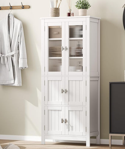 Akxomel 53.1" Tall Bathroom Cabinet 6 Doors Linen Floor Storage Cabinet | Bathroom Floor Cabinet with Adjustable Shelf, Pantry Cabinet for Living Room, Kitchen, Entryway, White