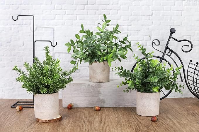 Der Rose 3 Pack Fake Plants Mini Faux Plants for Shelf Classroom Decor | Green eucalyptus, eco-friendly paper pulp pot, adjustable stems, pet child safe, office desk kitchen bathroom decor
