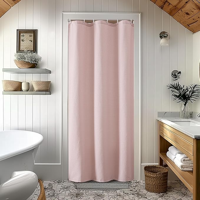OVZME Stall Fabric Shower Curtain Set - 36x72, Waffle Weave 230GSM Heavy Duty Small Shower Curtains for Narrow Stall Size, Machine Washable Bath Curtain with 12 Plastic Hooks, 36x72, Blush Pink