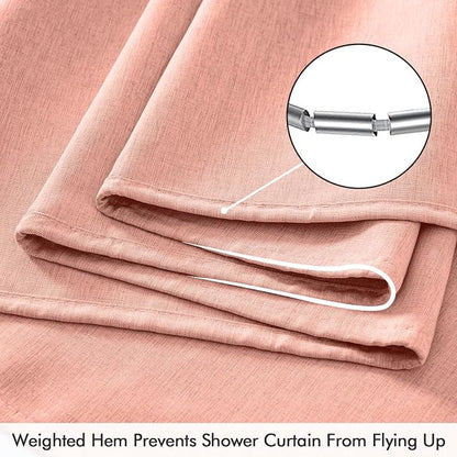 ANRODUO Blush Pink Linen Textured Fabric Shower Curtain Set - W72xL84 | Farmhouse Shower Curtain with 12 Metal Hooks, Waterproof Heavy Duty, Button Hole Design, Machine Washable for Bathroom