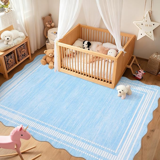 Garvee Washable Rug 8x10 Blue Girls Rugs for Bedroom Soft Rugs | Non Slip Low Pile Solid Neutral Soft Carpet, Modern Scalloped Pattern, Faux Wool Floor Mats for Dining Room Home Office