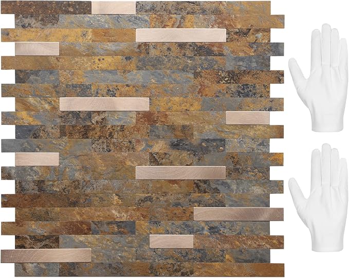STICKGOO Peel and Stick Backsplash, PVC Wall Tiles Stick on Backsplash for Kitchen(10 Sheets, Rust Brown with Metal Gold)