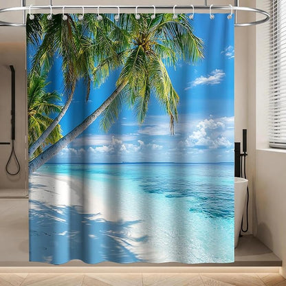 Beach Modern Ocean Shower Curtain, Rustic Coastal Nautical Palm Tree Shower Curtains for Bathroom, Waterproof Bath Curtain with Hooks Machine Washable Bathtub Curtains 72x72 Inch Green Blue