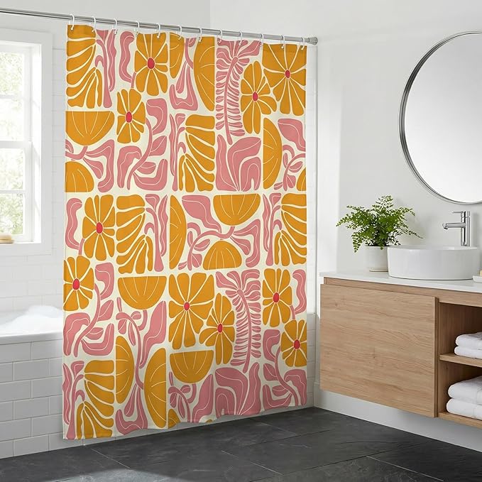 Abstract Geometric Floral Shower Curtain, Cute Orange and Pink Boho Floral Pattern, Waterproof Polyester Fabric Shower Curtains Sets with Hooks for Bathroom 72x72 Inches