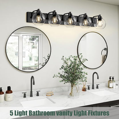 5 Light Bathroom Light Fixtures-Matte Black Bathroom Vanity Lights, Modern Vanity Lights 5-Light Bathroom Lighting Fixtures Over Mirror with Clear Glass Globe Shade