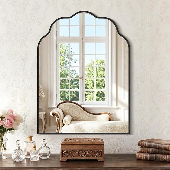 Arched Scalloped Mirror, 18×24Inch Black Mirror for Bathroom, Wavy Wall Mounted Vanity Mirror with Aluminum Alloy Frame for Livingroom Bedroom and Entryway, Tempered Glass