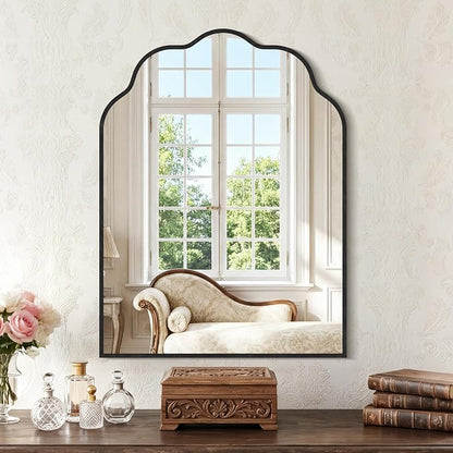 Arched Scalloped Mirror, 18×24Inch Black Mirror for Bathroom, Wavy Wall Mounted Vanity Mirror with Aluminum Alloy Frame for Livingroom Bedroom and Entryway, Tempered Glass