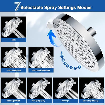 Shower Head High Pressure: 6" Rain Shower Head for Bathroom Upgrade with 7 Modes & Easy Clean Nozzles - 360° Adjustable Family Spa Showerhead for Men Women (Chrome)
