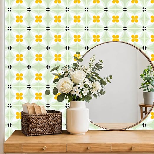 Yellow Flower Geometric Peel and Stick Floor Tiles 12x12 Inch 10PCS | Yellow flower and pale green geometric pattern vinyl floor stickers for kitchen bathroom entryway and indoor home decor
