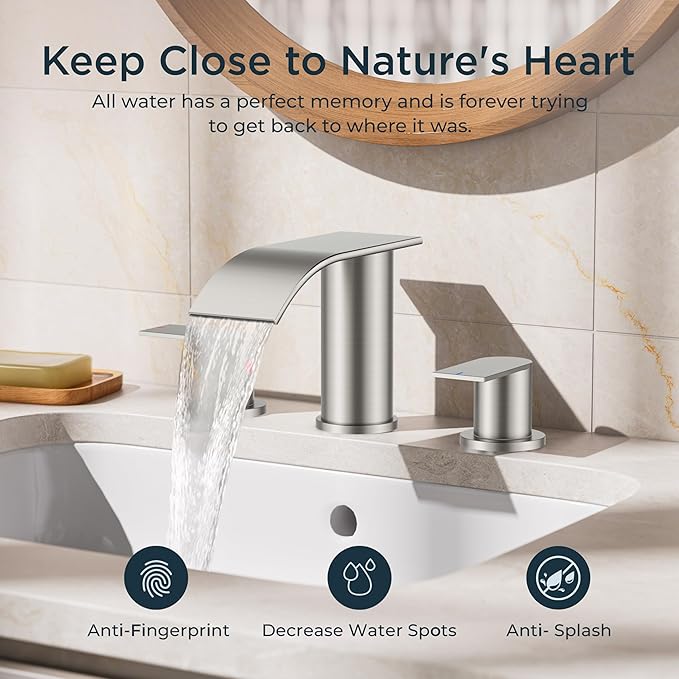 FORIOUS Upgrade Bathroom Faucets 3 Hole Brushed Nickel, Waterfall 8 Inch Widespread Bathroom Sink Faucet with Pop-up Drain and Supply Lines, Two Handles for Vanity, Farmhouse, School Restroom Sink