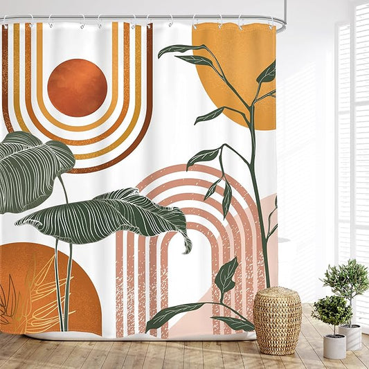 Glawry Orange Pink Boho Mid Century Shower Curtain Abstract Retro Tropical Palm Leaf Plant Sun Arch Minimalist Bathroom Geometric 72Wx72L Inches Bath Accessories Art Home Decor Fabric 12 Hooks