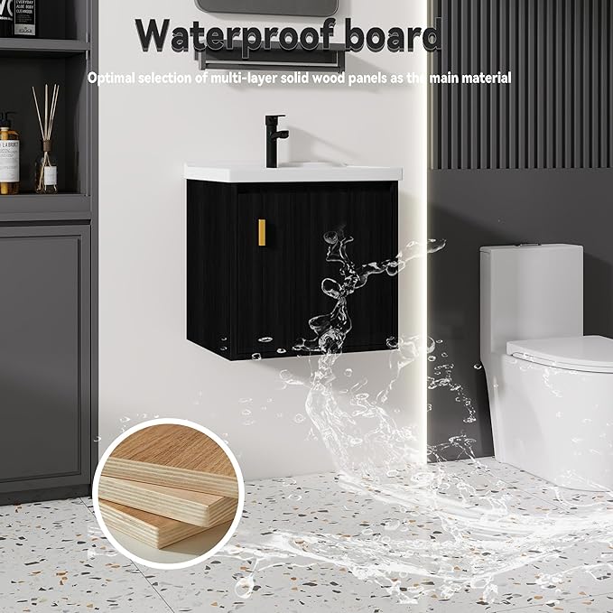 20'' Bathroom Vanity with Ceramic Sink Combo, Wall Mounted Small Bathroom Vanity with Soft-Close Door Modern Floating Cabinet, Pop-up Drain, P-Trap Included, Black(No Faucet)