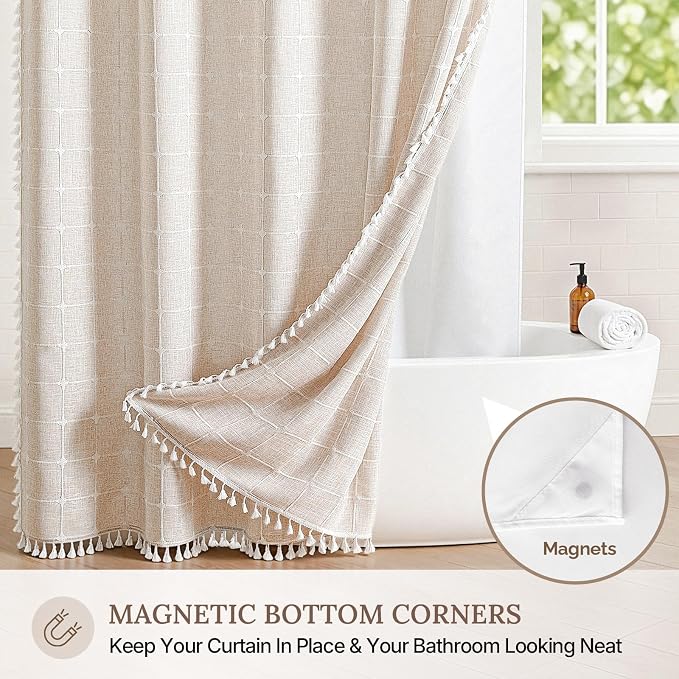 RiverDream Farmhouse No Hooks Shower Curtain with Snap-in Liner,Linen,54x80 | Snap on Fabric Liner,Heavy Duty,Quick Dry,With Bottom Magnets,Washable,with Tassels, Rustic Boho Farmhouse,Stall Long Size