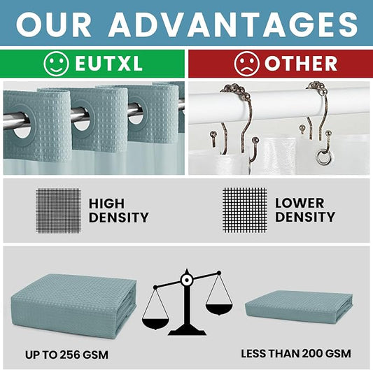 EUTXL Heavyweight No Hook Shower Curtain with Liner, Fog Blue,71x86 | Snap in Liner, 256GSM Thick Waffle Fabric, Hotel Luxury Spa, Corner Magnets, Quick Dry, Waterproof & Washable, Extra Long