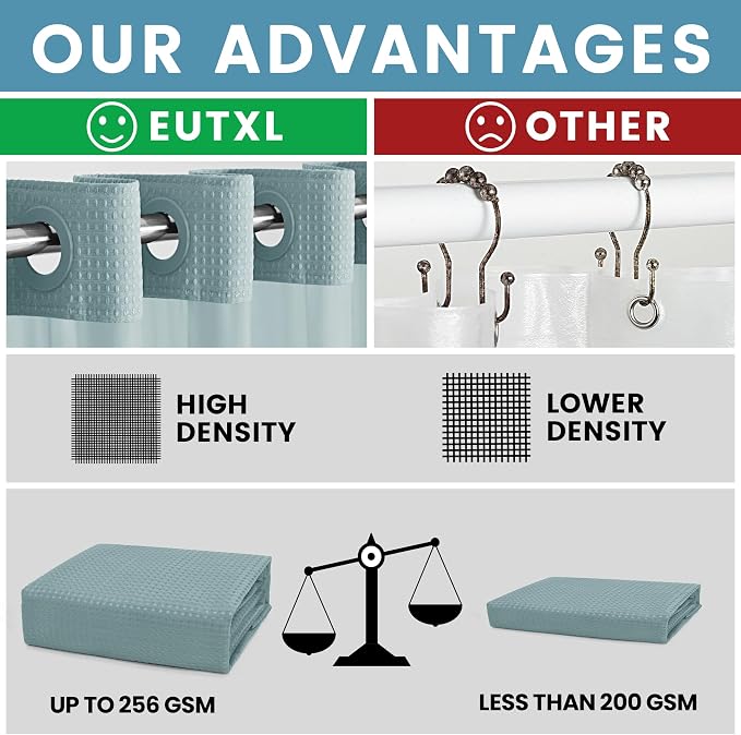 EUTXL Heavyweight Waffle No Hook Shower Curtain with Liner, Fog Blue, 71x74 | Snap in Liner, 256GSM, Thick, Hotel Luxury Spa, Waterproof Fabric, Corner Magnets, 3 in 1 Set, Washable, Hang in Seconds