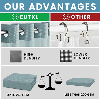 EUTXL Heavyweight Waffle No Hook Shower Curtain with Liner, Fog Blue, 71x74 | Snap in Liner, 256GSM, Thick, Hotel Luxury Spa, Waterproof Fabric, Corner Magnets, 3 in 1 Set, Washable, Hang in Seconds