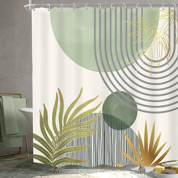 Mid Century Mint Green Boho Abstract Modern Bathroom Shower Curtain Set | 72Wx72L Plant design, waterproof HD print with fast-drying fabric and 12 hooks.