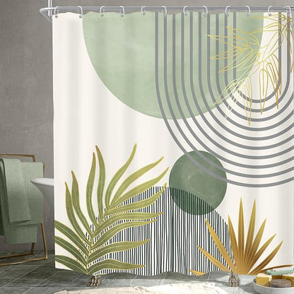 Mid Century Mint Green Boho Abstract Modern Bathroom Shower Curtain Set | 72Wx72L Plant design, waterproof HD print with fast-drying fabric and 12 hooks.