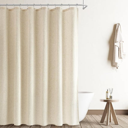 Extra Long 90 Inch Shower Curtain, Beige Linen Hotel Luxury Country Boho Farmhouse Shower Curtains for Bathroom Weighted Fabric Hotel Luxury Bath Curtains Set with Hooks, 72x90，Cream