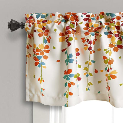 Lush Decor Weeping Flower Light Filtering Valance, 52" W x 18" L + 2" Header, Turquoise & Tangerine - Floral Curtains - Valance Curtains - Bathroom & Kitchen Valances For Windows - Farmhouse Decor