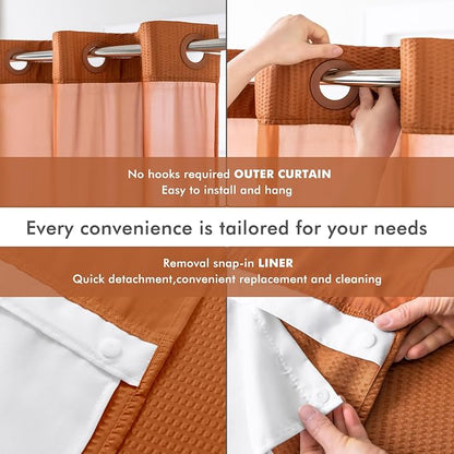 No Hook Shower Curtain with Snap-in Liner 71x74, Terracotta | Embossed Waffle-Look Textured, Sheer Window, Soft & Lightweight, Water Repellent Clay Fabric Shower Curtain for Bathroom