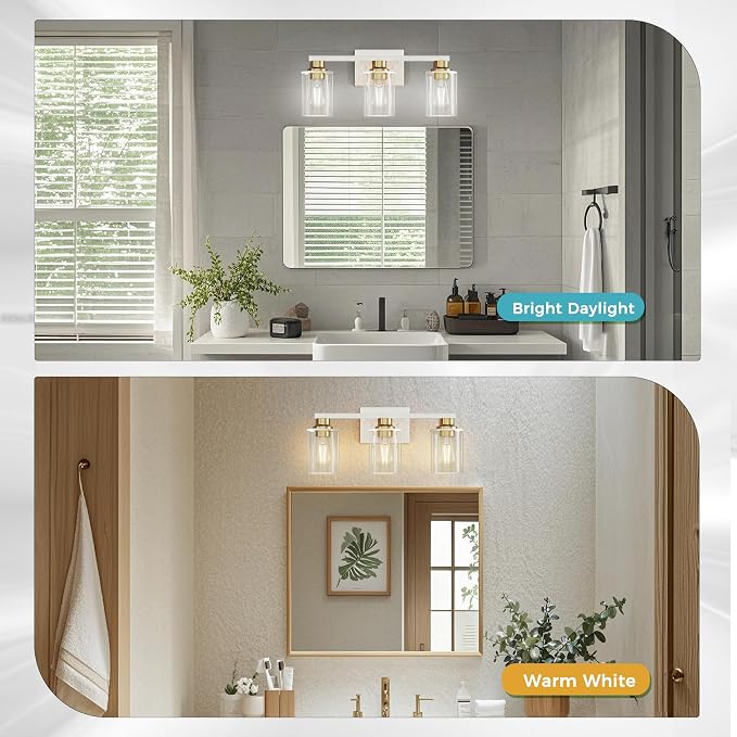 DORESshop 17 Inch 3-Light White Gold Bathroom Vanity Light | Modern White Vanity Light Fixture, Clear Glass Shade Bathroom Wall Light, Mirror Lighting for Bedroom Living Room
