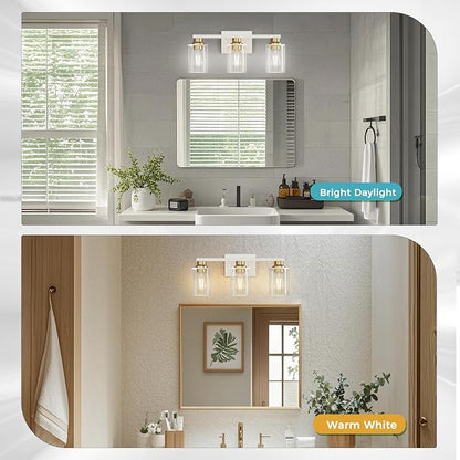DORESshop 17 Inch 3-Light White Gold Bathroom Vanity Light | Modern White Vanity Light Fixture, Clear Glass Shade Bathroom Wall Light, Mirror Lighting for Bedroom Living Room