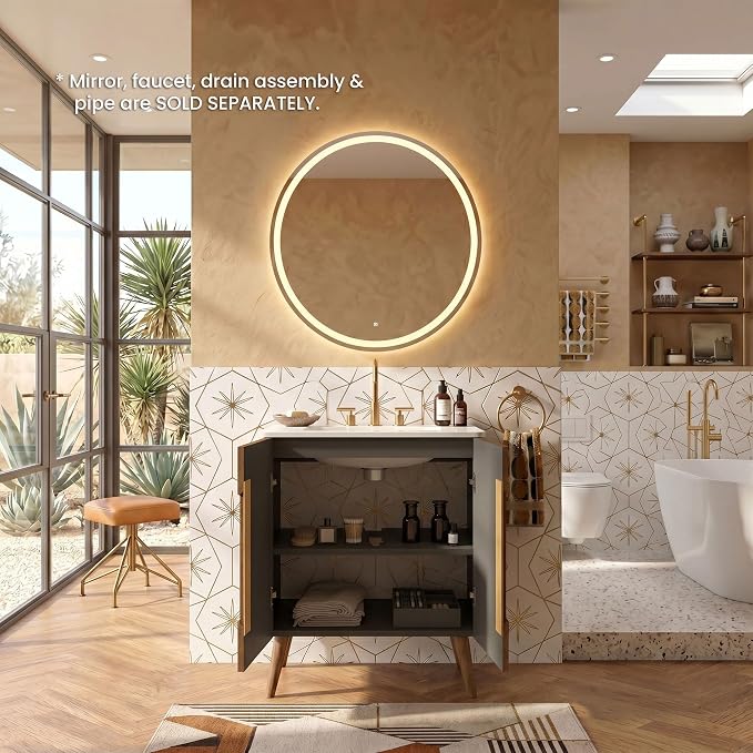 30" Modern Bathroom Vanity with Sink, Mid Century Modern Walnut Bathroom Cabinet with Carrara Marble Finish Sink, Doors, Large Storage with Adjustable Shelf