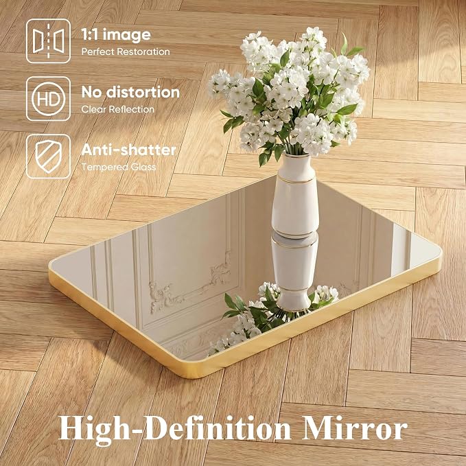Sweetcrispy Bathroom Mirror for Over Sink, Vanity Wall Mirrors, 24x36 Inch | Matte Metal Frame, Rounded Rectangle, Wall Mirror for Home Decor, Living Room Bedroom, Gold