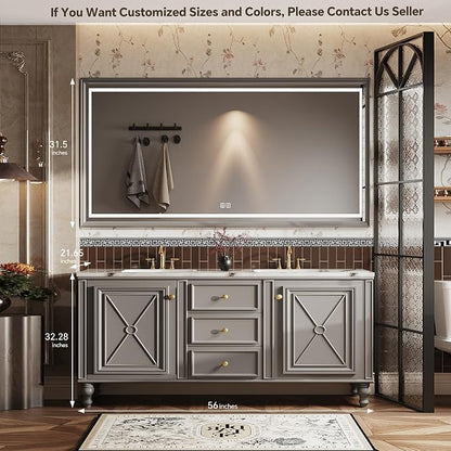Double Sink Bathroom Vanity, Luxurious Bathroom Vanity with LED Smart Defog Mirror, Solid Freestanding Wood Vanity Sink Cabinet