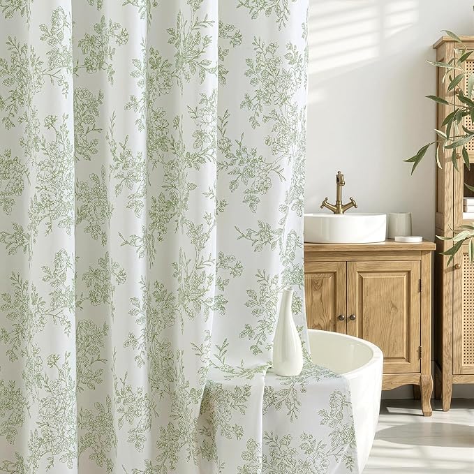 Spring Sage Green Floral Shower Curtain W72*L78 Inches Long | Linen Textured Fabric, 12 Rustproof Metal Hooks, Wrinkle Resistant Cloth, Machine Washable, Bathroom Decor for Cottage Core