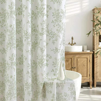 Spring Extra Long Sage Green Floral Shower Curtain W72*L90 Inches | Linen Textured Fabric, 12 Rustproof Metal Hooks, Wrinkle Resistant Cloth, Machine Washable, Bathroom Decor for Cottage Core