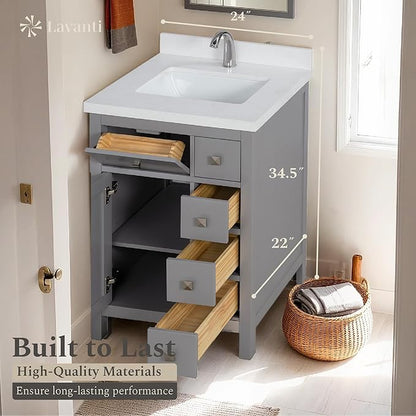 Lavanti Oakford 24 Inch Bathroom Vanity with Sink – Stylish Gray Vanity Bathroom with Storage Cabinet – Modern Bathroom Vanities with Single Vanity Sink & Quartz Countertop