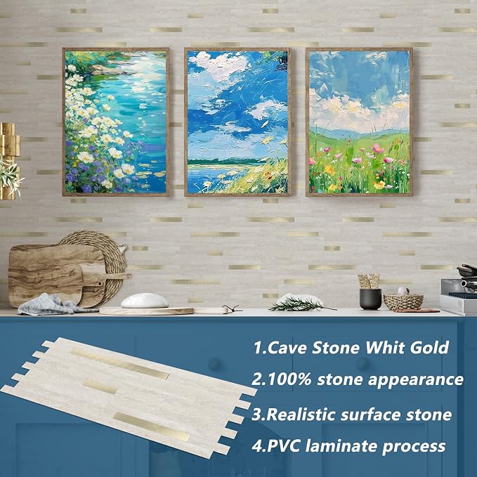 Yipscazo 10 Sheets PVC Wall Tiles Stick on Tiles for Backsplash Kitchen, Bathroom, Laundry Room, Camper, Fireplace (6'' X 12'', Beige Cave Stone)