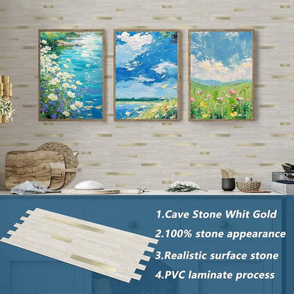 Yipscazo 10 Sheets PVC Wall Tiles Stick on Tiles for Backsplash Kitchen, Bathroom, Laundry Room, Camper, Fireplace (6'' X 12'', Beige Cave Stone)