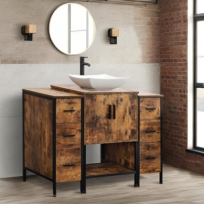 UEV 48" Rustic Brown Bathroom Vanity with Sink Combo,Industrial Iron Frame Bathroom Cabinet Sets with Double 3 Drawers Side Cabinet,Modern Artistic Ceramic Vessel Sink(032WH)