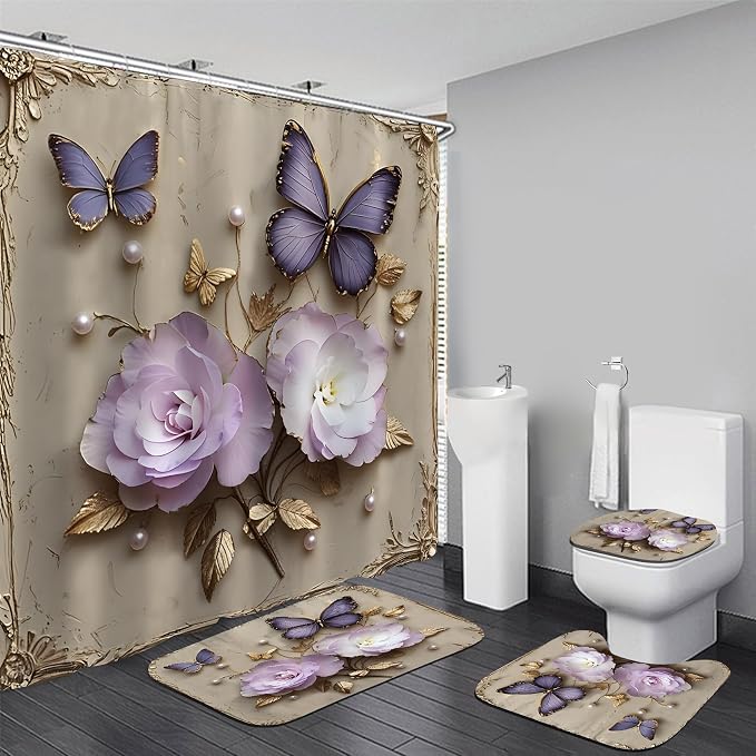 Chrainy 4pcs Vintage Butterfly Shower Cutain Set Bathroom Decor with Rugs | Bath Accessories with Waterproof Curtain, Bath Mat, Toilet Lid Cover, U-Shaped Rug and 12 Hooks for Washroom, 71*71in